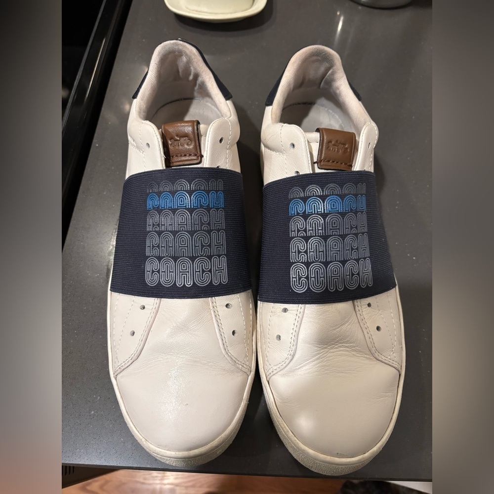 Coach Men's C101 Banded Sneakers- White and Navy Leather - Size 10 - Picture 1 of 11